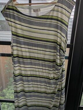 LOFT Shift Dress With Asymmetrical Ruching, White/Navy/Green Stripe